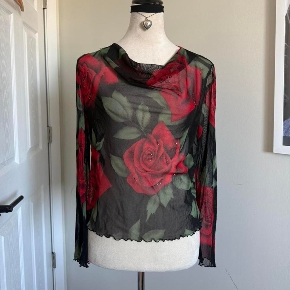 Vintage Red & black mesh top with rose print and beaded details